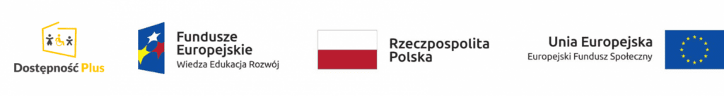 Logotypy Dostępność Plus, Fundusze Europejskie, Rzeczpospolita Polska, Unia Europejska