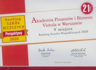 Vistula University is a leader in the “Perspektywy Universities’ Rankings for 2020.”